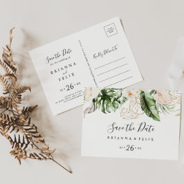 Cartão Postal Pasta tropical Dourada Horizontal Salvar a Data