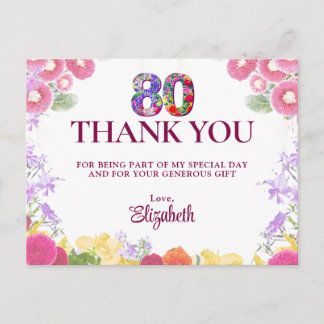 Cartão Postal Pastel 80th Birthday Thanks Watercolor Flowers