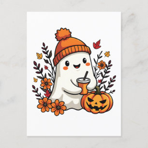 Cartão Postal Pastel Autumn Kawaii Ghost Fall Pumpkin Spice