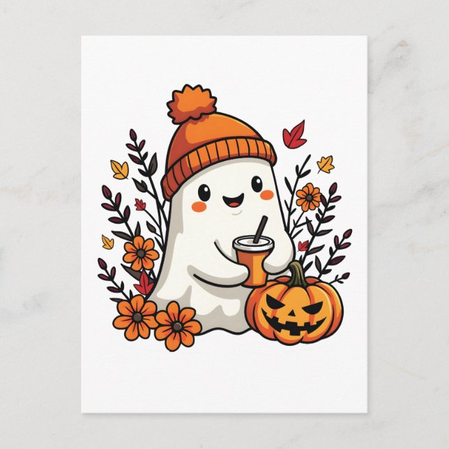 Cartão Postal Pastel Autumn Kawaii Ghost Fall Pumpkin Spice (Frente)
