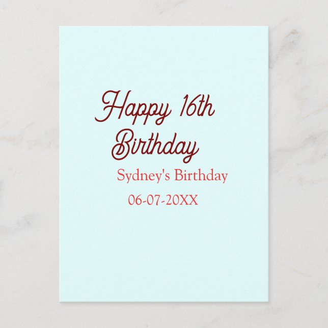 Cartão Postal Pastel blue red happy 16th birthday name date eleg (Frente)