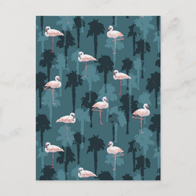 Cartão Postal Pastel Flamingos Em Teal (Frente)