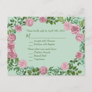 Cartão Postal Pastel Floral de Casamento Verde e Rosa