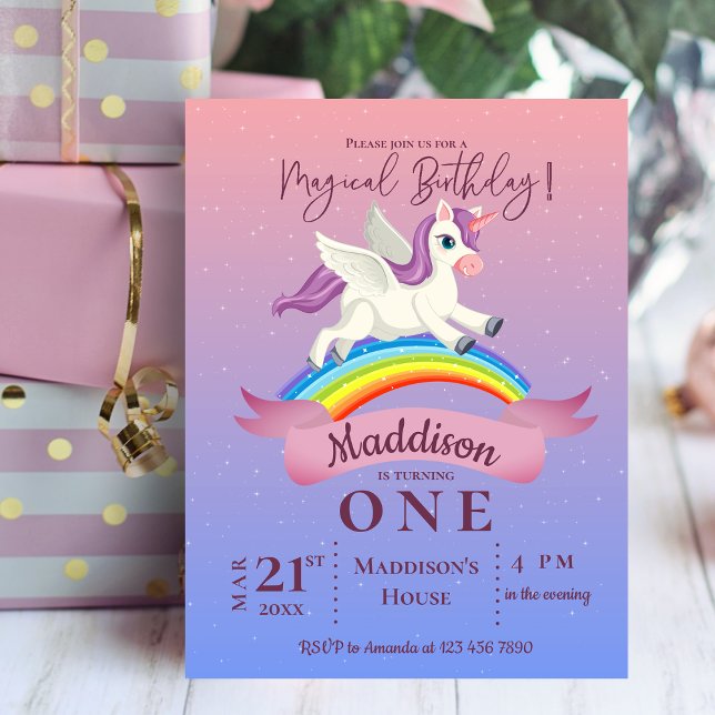 Cartão Postal Pastel Magical Unicorn Themed Birthday (Pastel Magical Unicorn Themed Birthday Invitation Postcard)