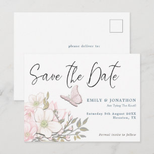 Cartão Postal Pastel Magnólias Borboleta Casamento Salve A Data