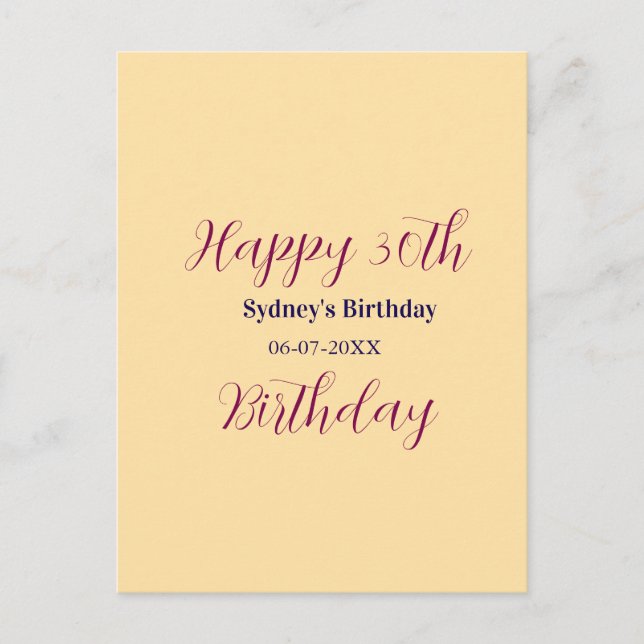 Cartão Postal Pastel orange happy 30th birthday name date purple (Frente)
