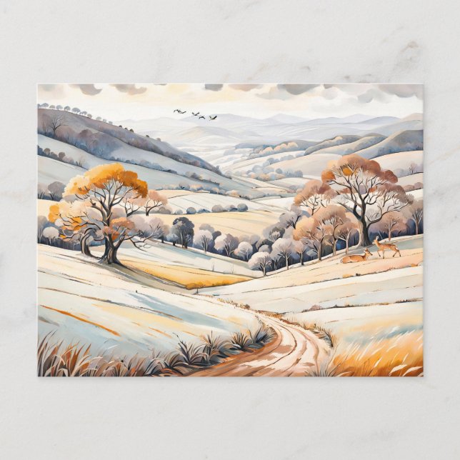 Cartão Postal Pastel Watercolor Paisagem Sunny Winter (Frente)