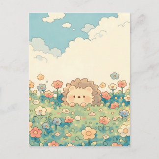 Cartão Postal Pastel Wildflower Meadow Kawaii Hedgehog