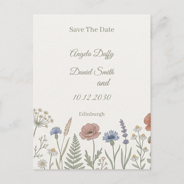 Cartão Postal Pastel Wildflower Save the Date (Frente)