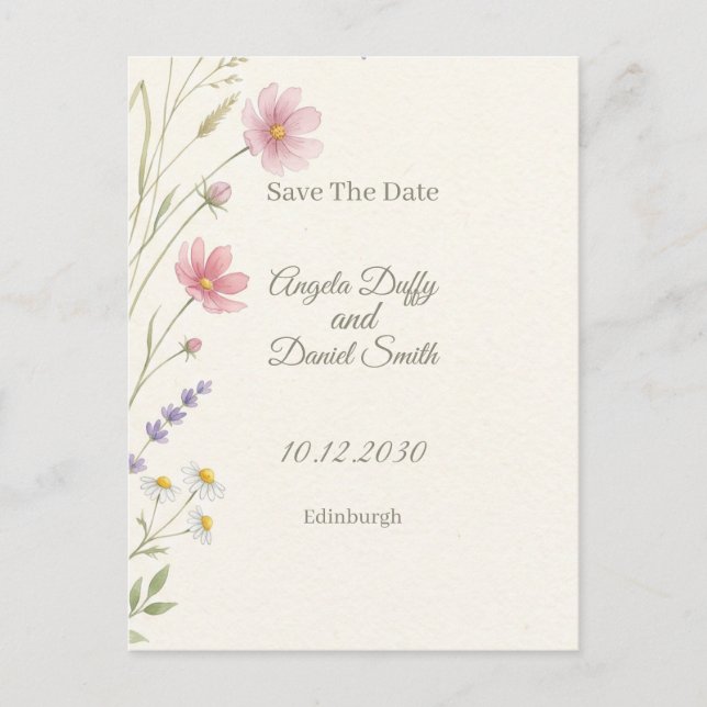 Cartão Postal Pastel Wildflower Save the Date (Frente)
