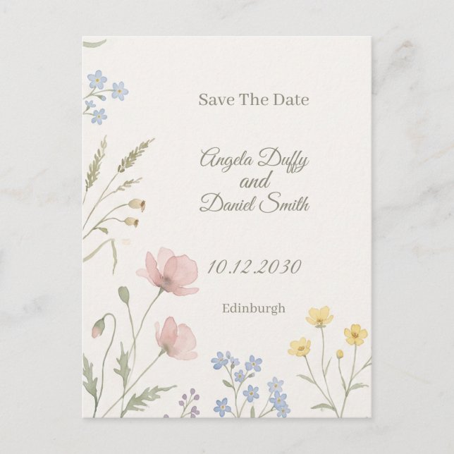 Cartão Postal Pastel Wildflower Save the Date (Frente)