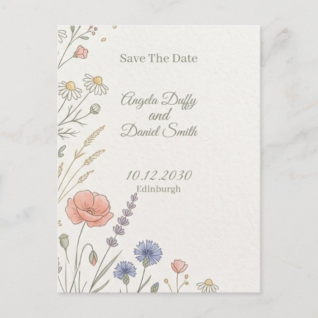 Cartão Postal Pastel Wildflower Save the Date (Frente)