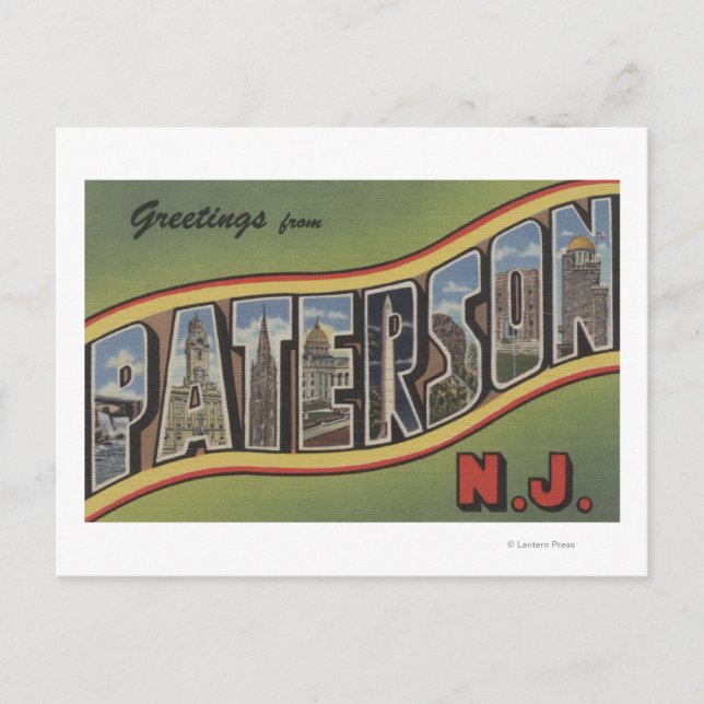 Cartão Postal Paterson, Nova Jersey - Cenas com Letras Grandes (Frente)
