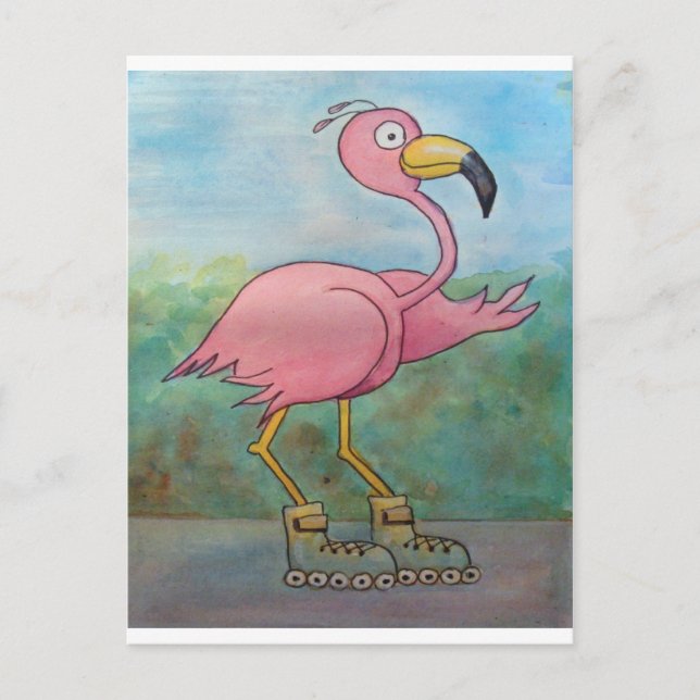Cartão Postal Patinação Fantasiosa de Rodinhas Patins Flamingo (Frente)