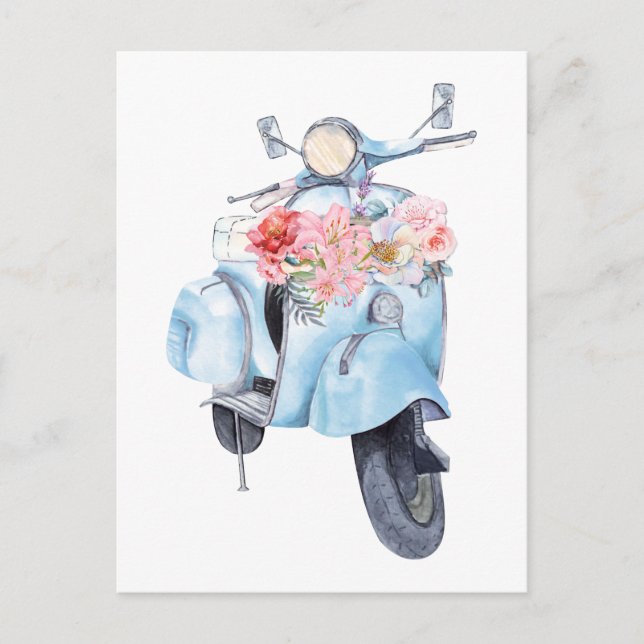 Cartão Postal Patinete azul de vindima com flores (Frente)