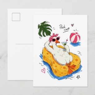 Cartão Postal Pato Divertido na Piscina com Óculos de Sol & Coqu