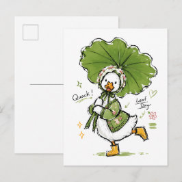 Cartão Postal Pato Fofo com Guarda-Chuva de Folha e Touca Floral