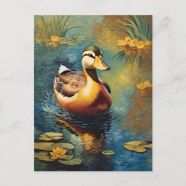 Cartão Postal Pato Tranquilo Numa Pintura Artística De Pond (Frente)