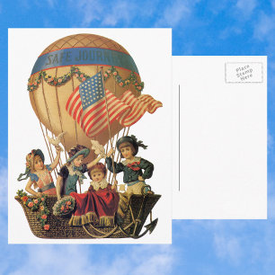 Cartão Postal Pátria Vintage, Crianças em um Balão de Ar Quente