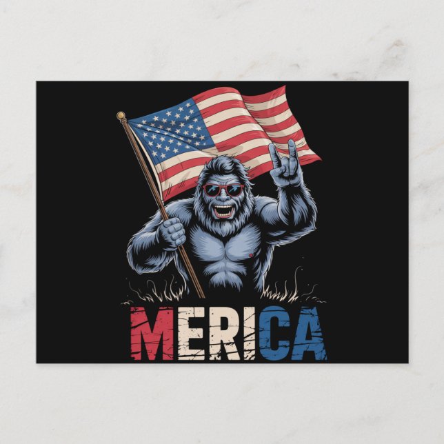 Cartão Postal Patriótico Bigfoot Merica Rock American Flag (Frente)