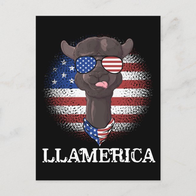 Cartão Postal Patriótico Llama EUA Bandeira Americana 4 de julho (Frente)