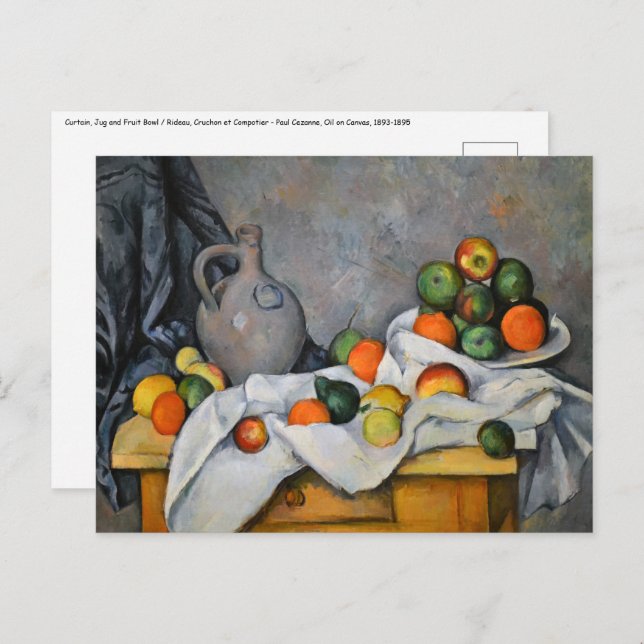 Cartão Postal Paul Cezanne - Cortina, Jug e Fruta Bowl (Frente/Verso)