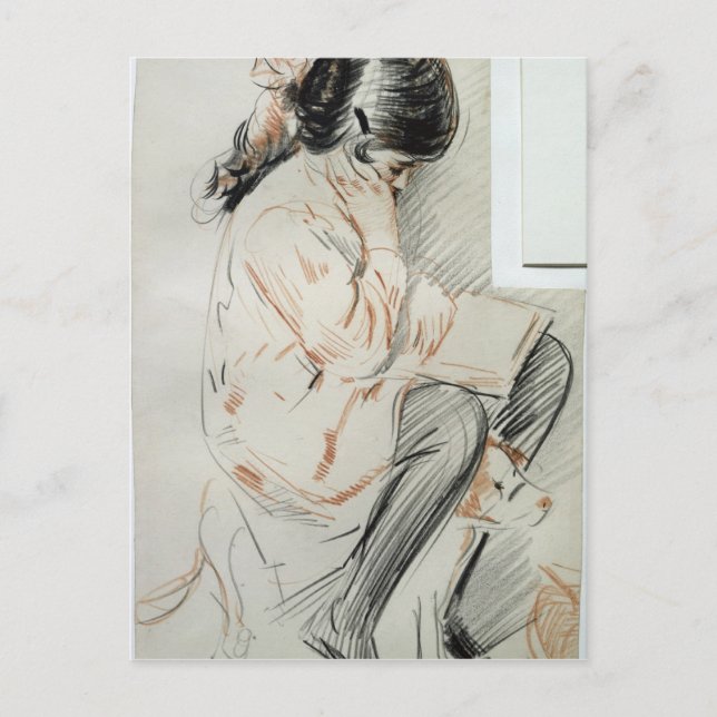 Cartão Postal Paulette Reading Sentada no Cachorro de Brinquedo (Frente)