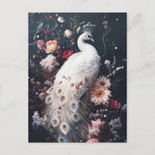 Cartão Postal Pavão Branco Elegante em Jardim Noturno Floral