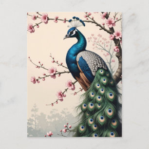 Cartão Postal Pavão em árvore de flores de cereja