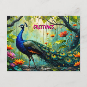 Cartão Postal Pavão em um Quebra-Cabeça da Selva Floral