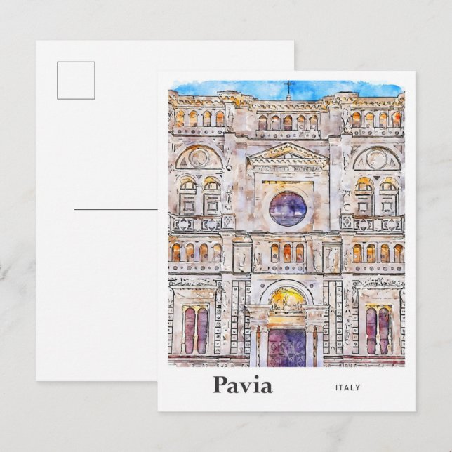 Cartão Postal Pavia Itália Viagem Watercolor Drawn (Frente/Verso)