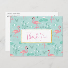Cartão Postal Paviel Pink Flamingos Padrão Verde Obrigado