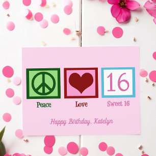 Cartão Postal Paz Amor Doce 16 Aniversário de 16 anos Rosa