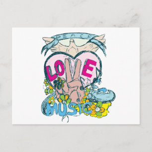Cartão Postal paz amor música retrô hippie arte vetorial