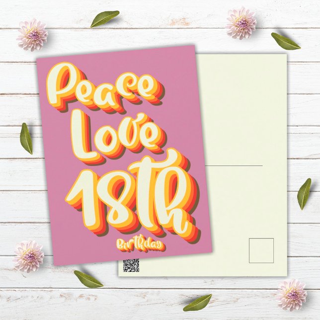 Cartão Postal Paz Amor Rosa Retro Groovy 18º Aniversário Feliz (Front and Back)