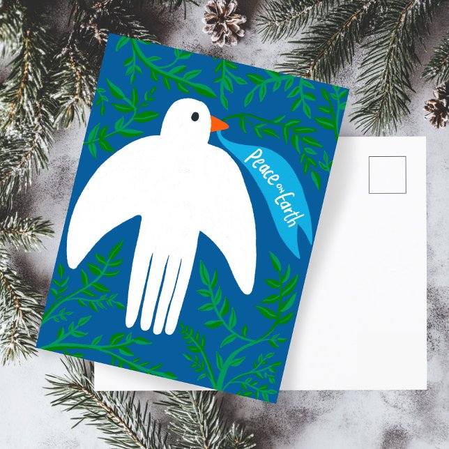 Cartão Postal Paz na Terra Dove Natal Feriado Azul (Peace on Earth Dove Christmas Xmas Holiday Hand Drawn Botanical Blue Postcard
)