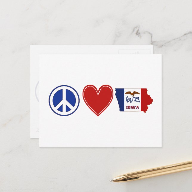 Cartão Postal Peace Love Iowa Map Shaped State Flag Red Heart (Frente/Verso In Situ)