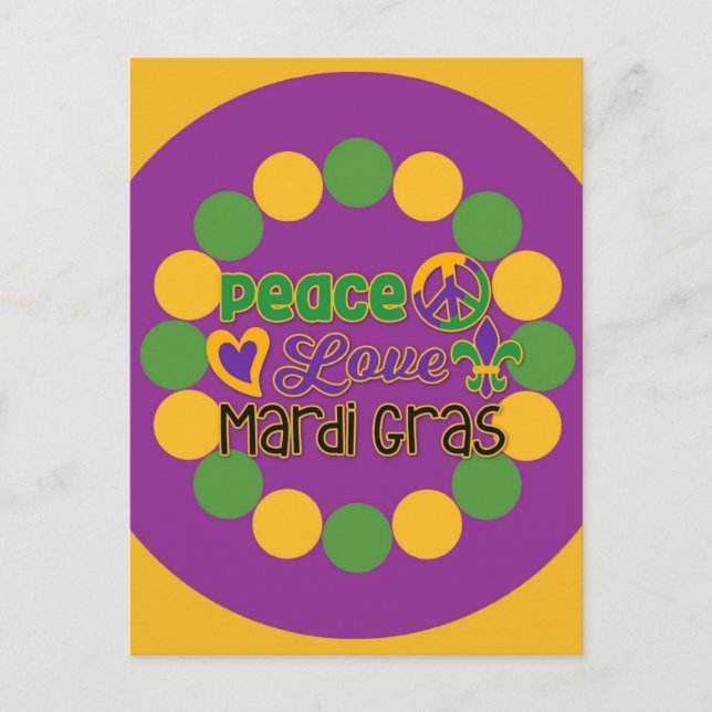 Cartão Postal Peace Love Mardi Gras Purple Dourado (Frente)