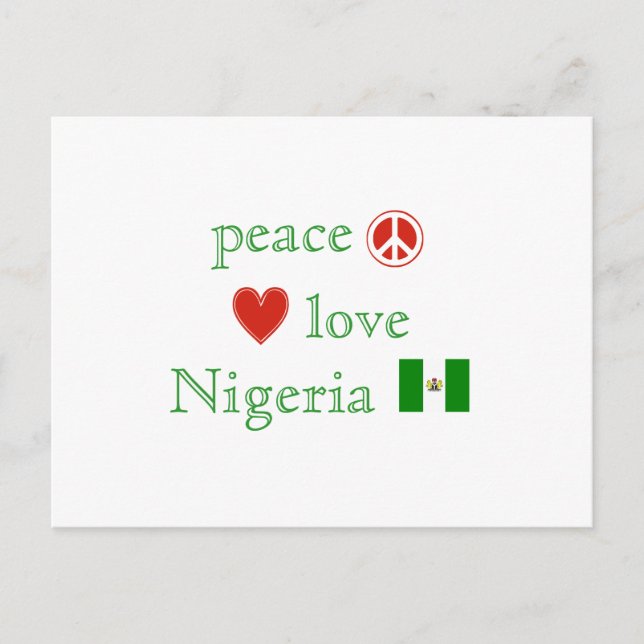 Cartão Postal Peace Love Nigéria Heart and Nigerian Flag (Frente)