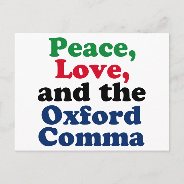Cartão Postal Peace Love Oxford Comma English Grammar Humor (Frente)