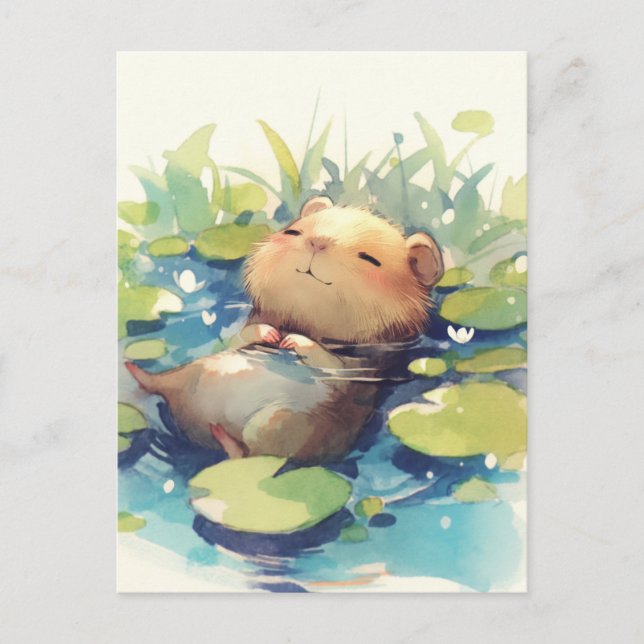 Cartão Postal Peaceful Capybara Floating in Water Lily Pond (Frente)