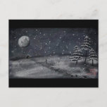 Cartão Postal peaceful snowy night chalkboard scene<br><div class="desc">A little winter scene I sketched up on my phone’s chalkboard app. A solitary figure hikes uphill through the night trailing a sled past snow covered evergreen trees. Off in the distance a cabin beckons of love and warmth and home below the wintry moon as the snow flurries fall peacefully....</div>