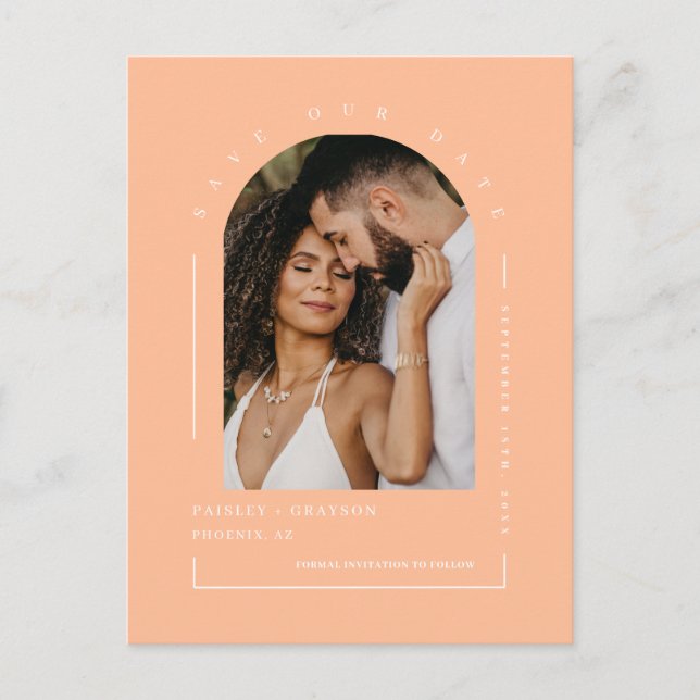 Cartão Postal Peach Arch Photo QR Code Salvar Nossa Data (Frente)