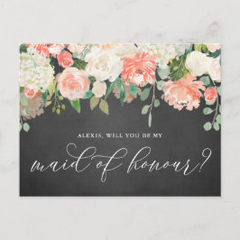 Cartão Postal Peach Flowers Chalkboard Seja Minha Madrinha de ca