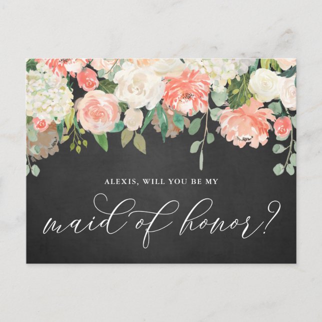Cartão Postal Peach Flowers Chalkboard Seja Minha Madrinha de ca (Frente)