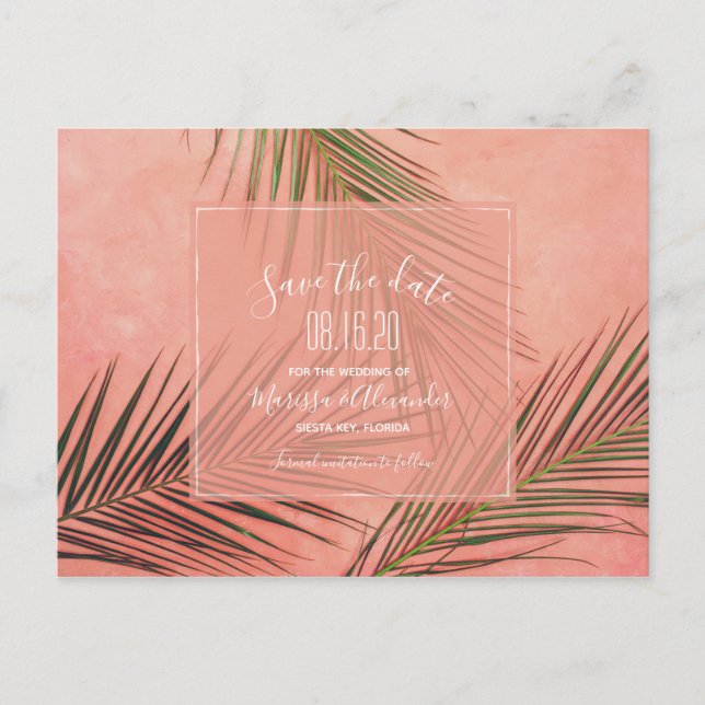 Cartão Postal Peach Palm Tree Beach Casamento Salve as Datas (Frente)