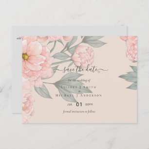 Cartão Postal Peach Peonies Sage Floral Wedes Datas