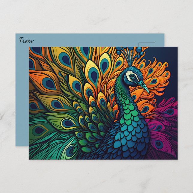 Cartão Postal Peacock Colorido, Estilo Art Deco (Frente/Verso)