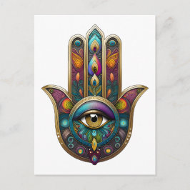 Cartão Postal Peacock Colors Hamsa w/ Gold Third Eye
