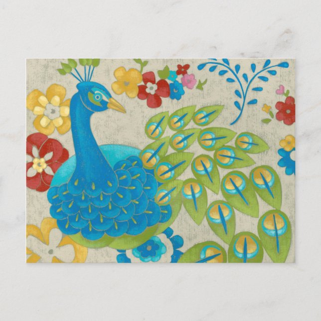 Cartão Postal Peacock e Flores Coloridas (Frente)